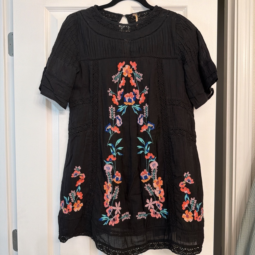 Free People Black Floral Embroidered Mini